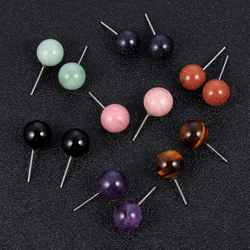 YEYULIN 7pairs Natural Gemstone Ball Stud Earrings Amethyst Rose Quartz Agate Crystal Earring Jewelry for Womens Girls