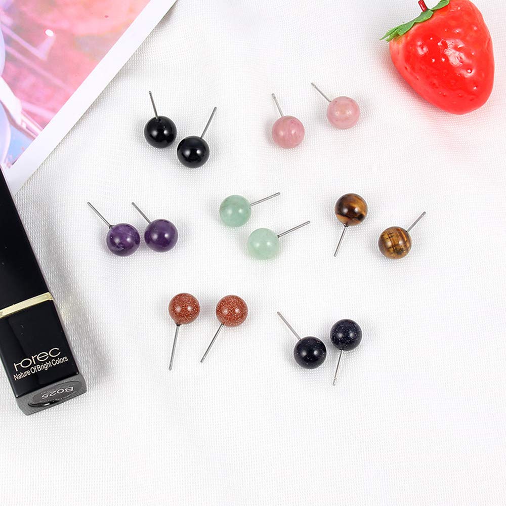 YEYULIN 7pairs Natural Gemstone Ball Stud Earrings Amethyst Rose Quartz Agate Crystal Earring Jewelry for Womens Girls