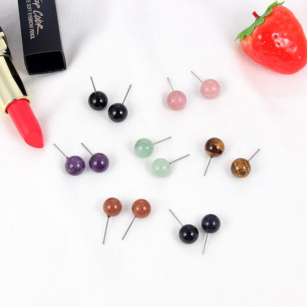 YEYULIN 7pairs Natural Gemstone Ball Stud Earrings Amethyst Rose Quartz Agate Crystal Earring Jewelry for Womens Girls