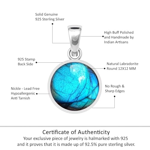 JEWELOPORIUM 925 Sterling Silver Pendant for Women Gray Real Labradorite Gemstone Solitaire Silver Pendant Necklace Anniversary - Gift Costume Jewelry