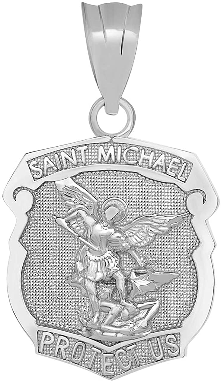 10k White Gold Saint Michael Shield Medal Protection Charm Pendant