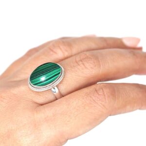 JEWELOPORIUM 925 Sterling Silver Ring for Women Size 7 Green Genuine Malachite Stone Solitaire Silver Ring New Year Gift Costume Jewelry