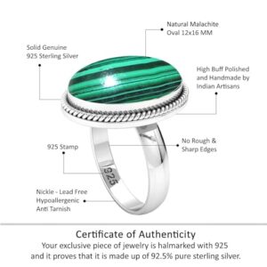 JEWELOPORIUM 925 Sterling Silver Ring for Women Size 7 Green Genuine Malachite Stone Solitaire Silver Ring New Year Gift Costume Jewelry