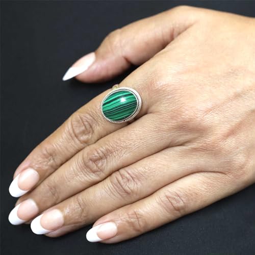 JEWELOPORIUM 925 Sterling Silver Ring for Women Size 7 Green Genuine Malachite Stone Solitaire Silver Ring New Year Gift Costume Jewelry