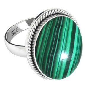 JEWELOPORIUM 925 Sterling Silver Ring for Women Size 7 Green Genuine Malachite Stone Solitaire Silver Ring New Year Gift Costume Jewelry