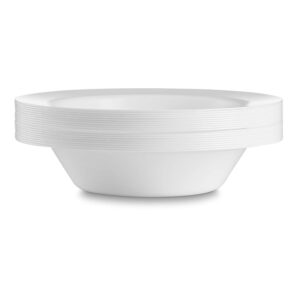 BloominGoods 50 Large Disposable White Plastic Soup Bowls | 14 oz. Premium Heavy Duty Disposable Dinnerware with Real China Design (50-Pack)