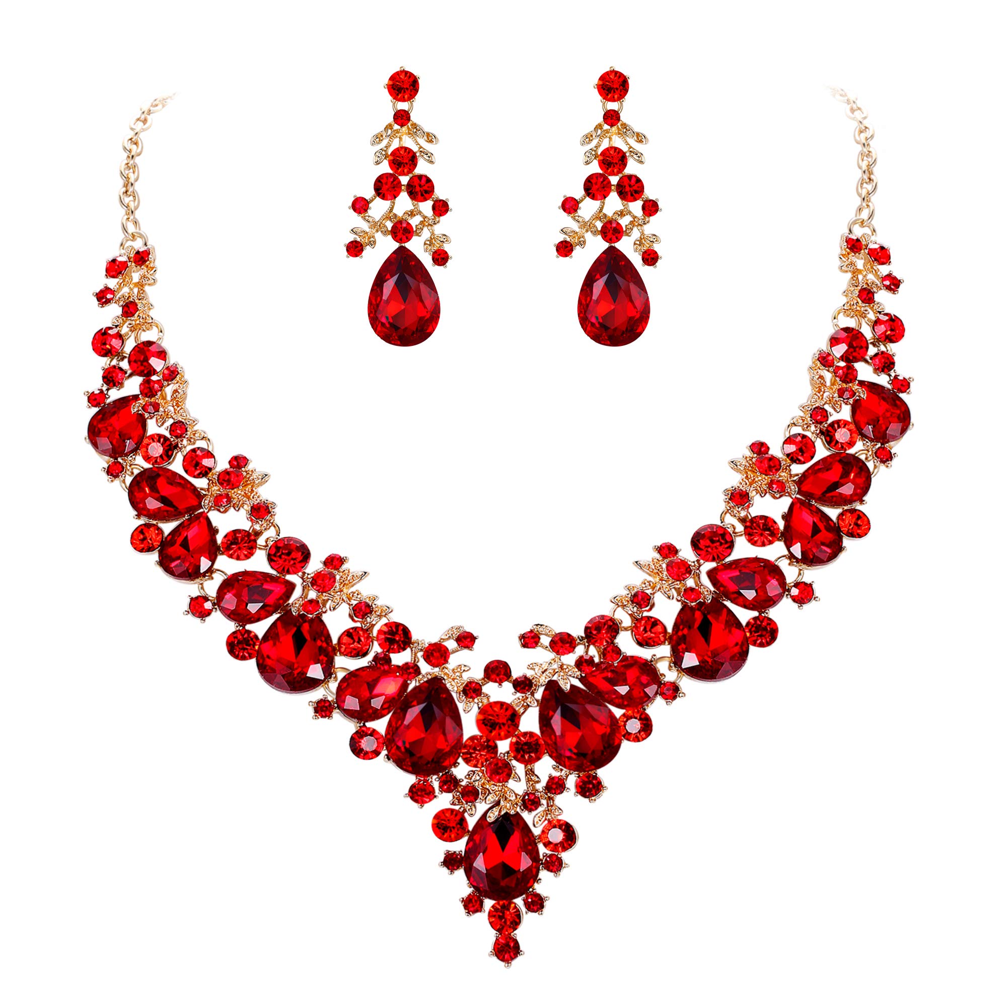 EVER FAITH Women's Crystal Bridal Banquet Floral Cluster Teardrop Necklace Earrings Set Red Gold-Tone