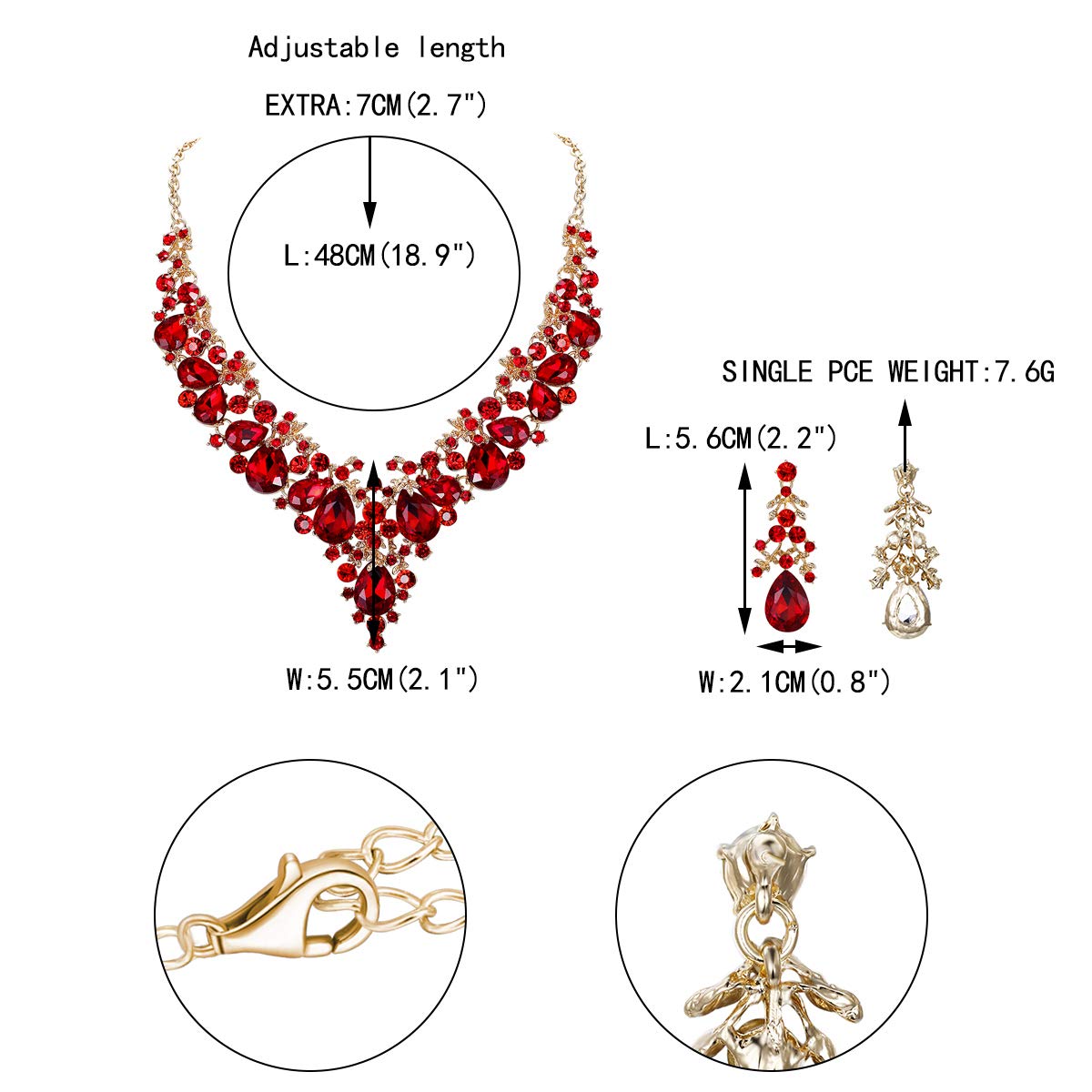 EVER FAITH Women's Crystal Bridal Banquet Floral Cluster Teardrop Necklace Earrings Set Red Gold-Tone