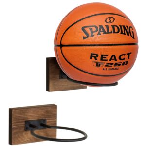 mygift wall-mounted sport ball rack display holder - solid brown wood and metal hanging gym basketball football volleyball soccer ball equipment storage, set of 2