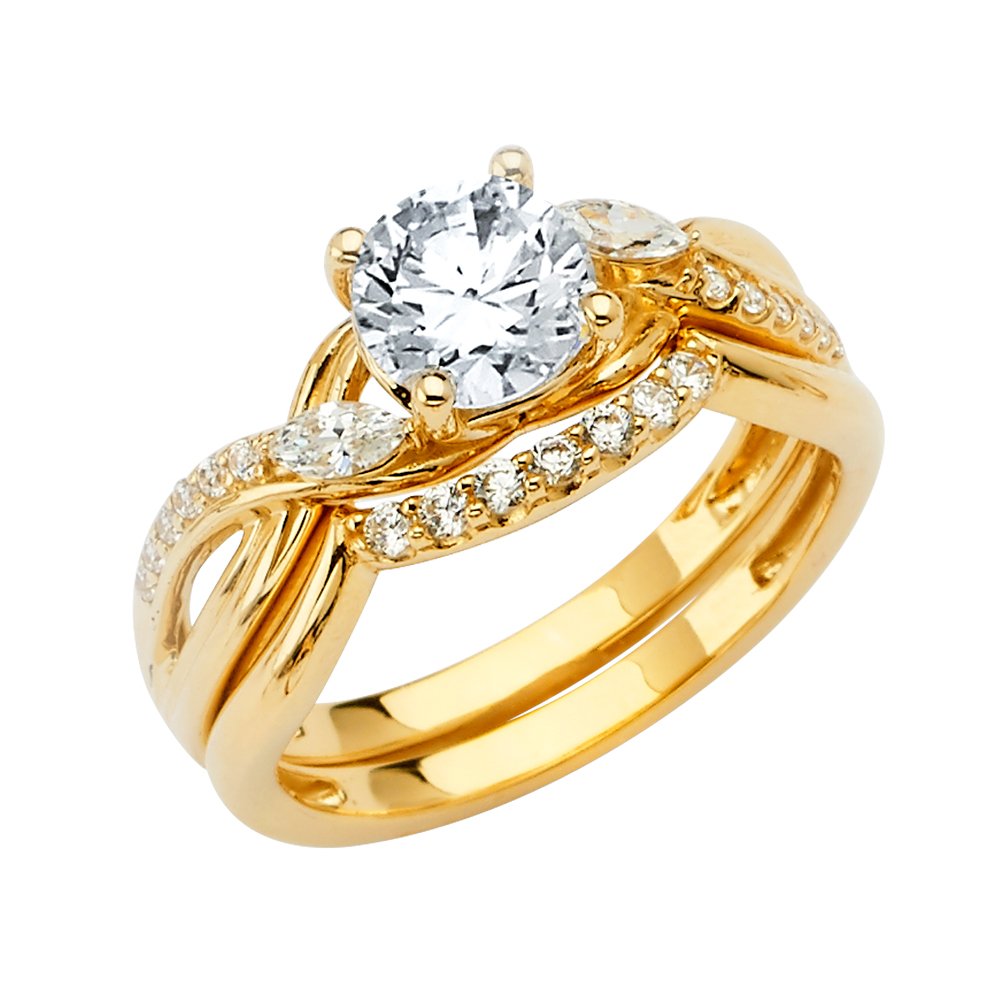 Sonia Jewels 14k Yellow Gold Cubic Zirconia CZ Wedding Band and Engagement Bridal Ring Two Piece Set Size 7.5