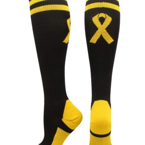 MadSportsStuff Gold Ribbon Childhood Cancer Awareness OTC Socks (Black/Gold, Medium)