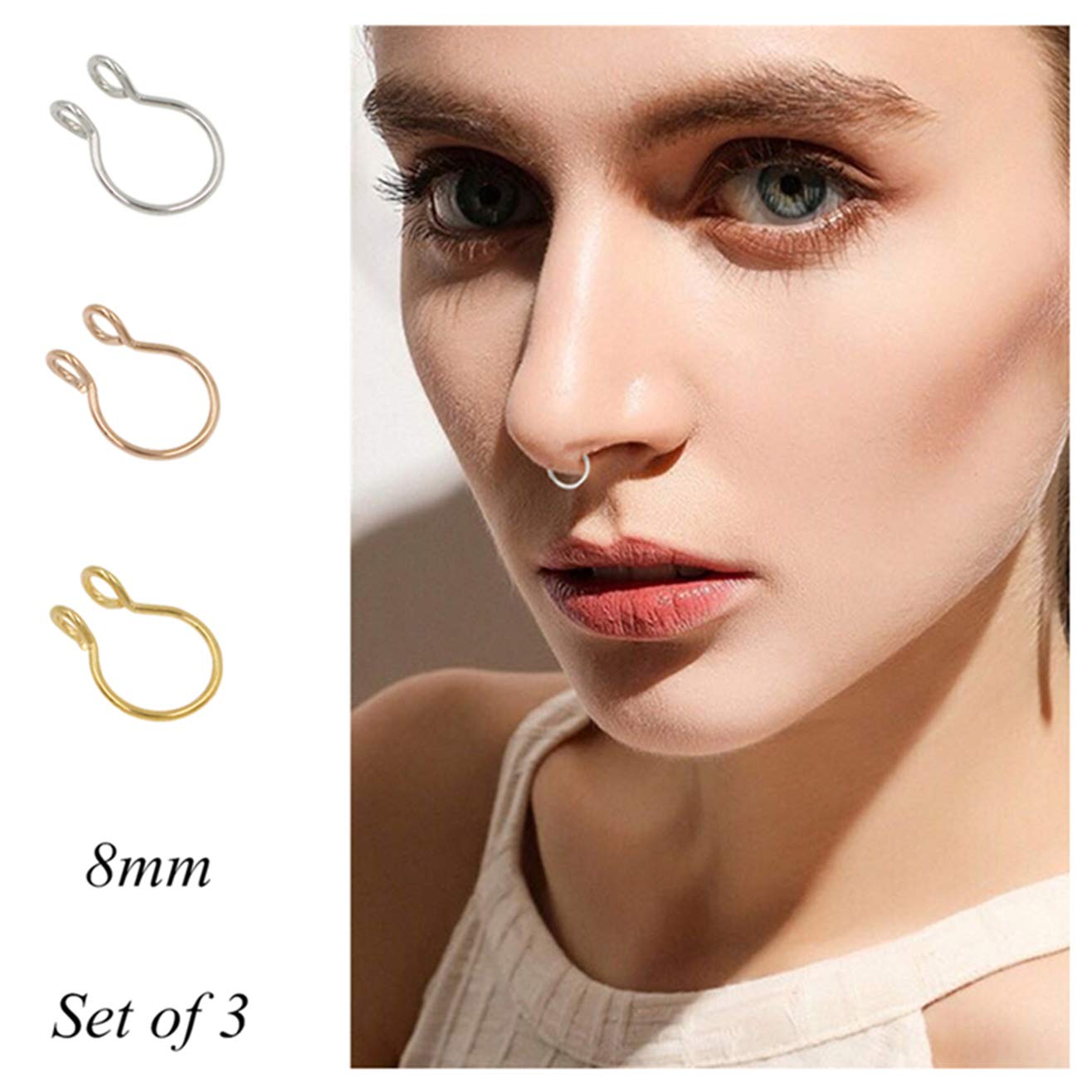 NZDLM Fake Septum Nose Ring Fake Nose Rings 20g Hoop Nose Ring Gold Rose Gold Silver 8mm Non Pierced Clip Nose Ring Faux Body Piercing Jewelry for Women Men 3 Pcs