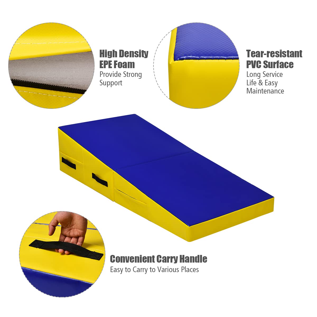 GYMAX Incline Gymnastics Mat, 60"X30"X14" Wedge Shape Gymnastics Incline Mat Folding Gymnastics Gym Fitness Tumbling Mat, Ideal for Tumbling, Practice & Exercise (Yellow, 60"X30"X14")