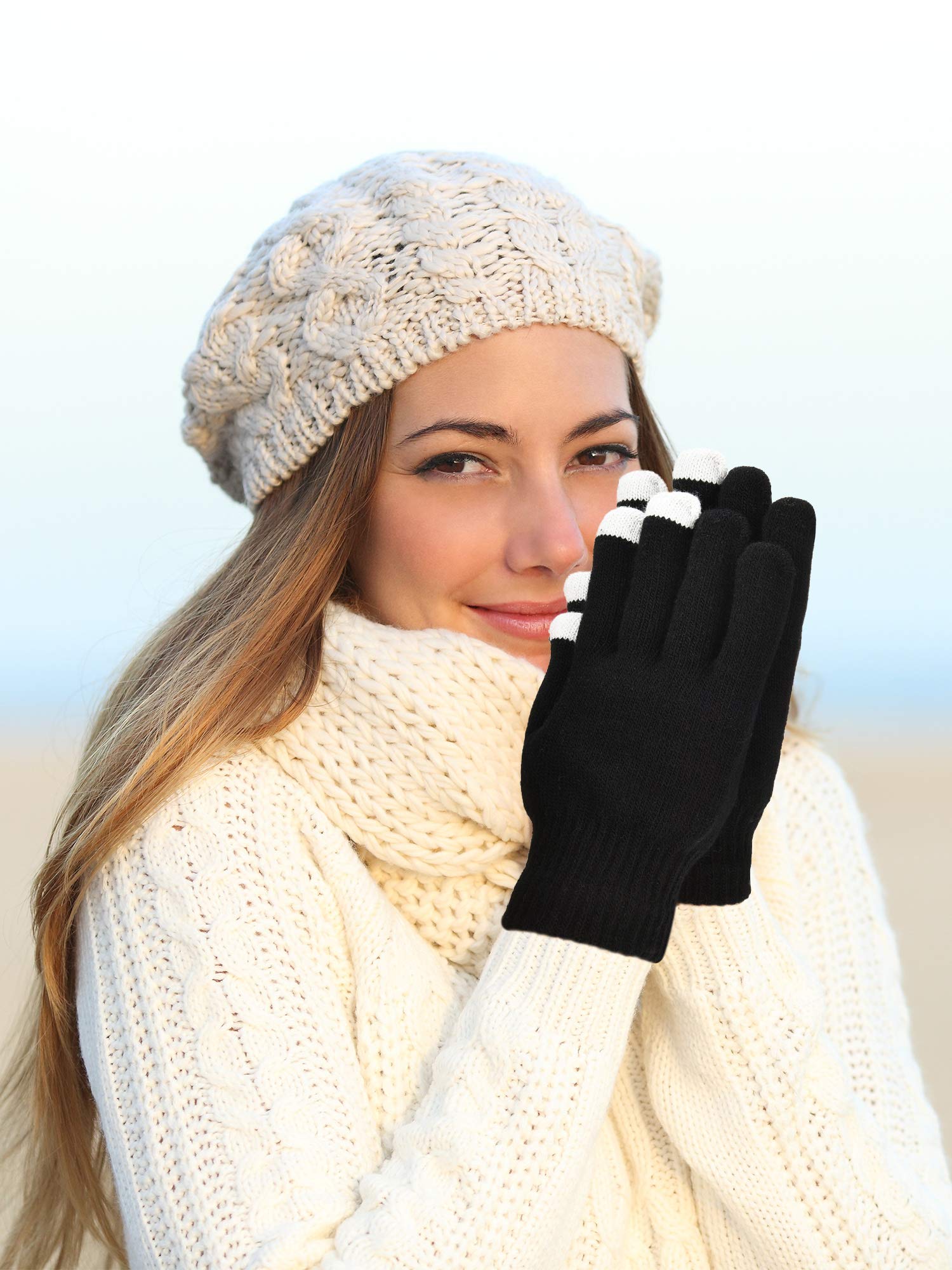 Pangda 12 Pairs Touchscreen Gloves Stretch Knitted Texting Gloves Warm Windproof Solid Color Mittens For men and Women (Black)