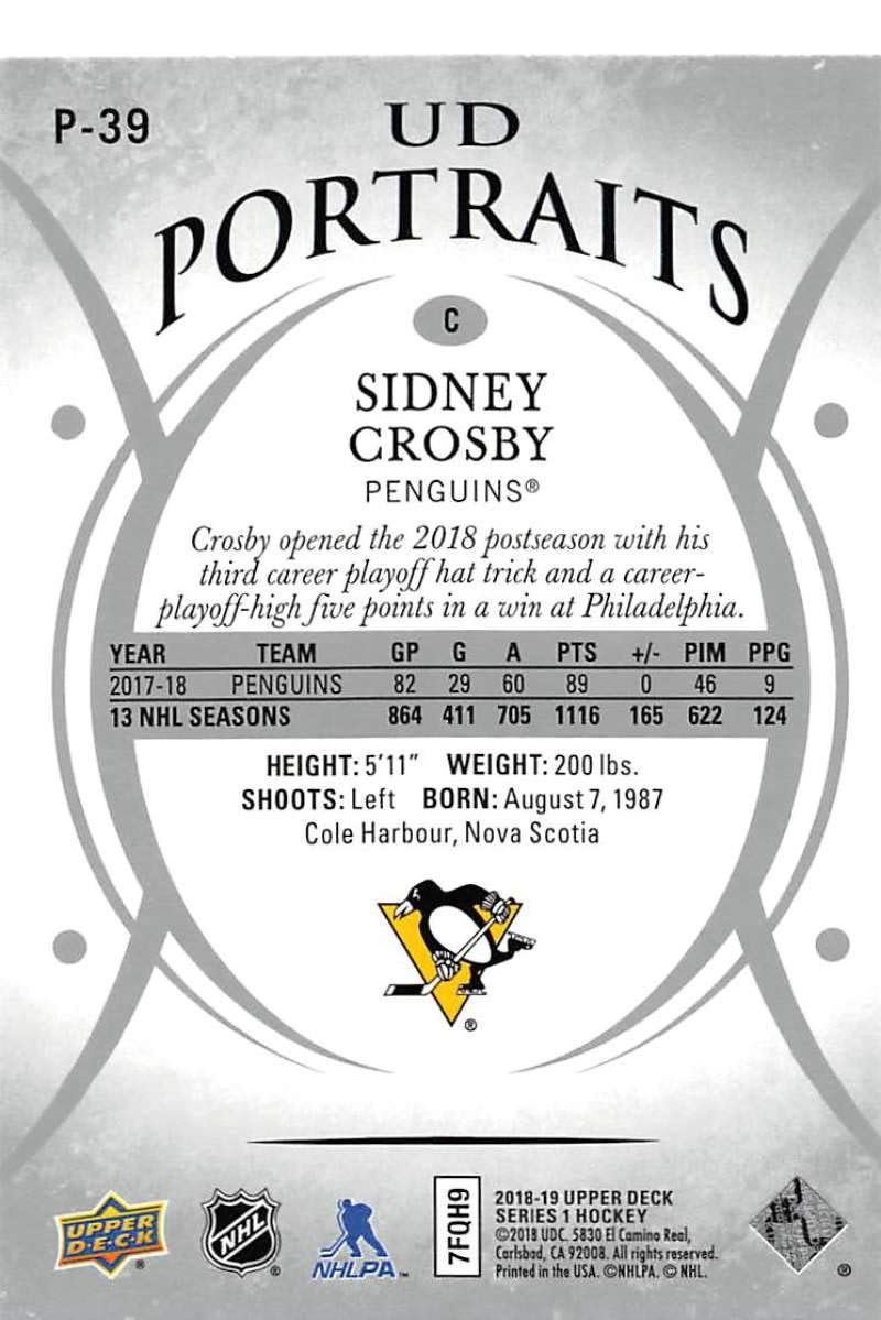 2018-19 Upper Deck Portraits Hockey Card #P-39 Sidney Crosby Pittsburgh Penguins Official UD Trading Card