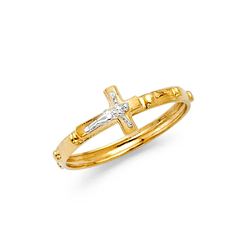 Sonia Jewels 14k Yellow And White Two Tone Gold Rosary Crucifix Cross Religious Eternity Anniversary Wedding Ring Band Size 8