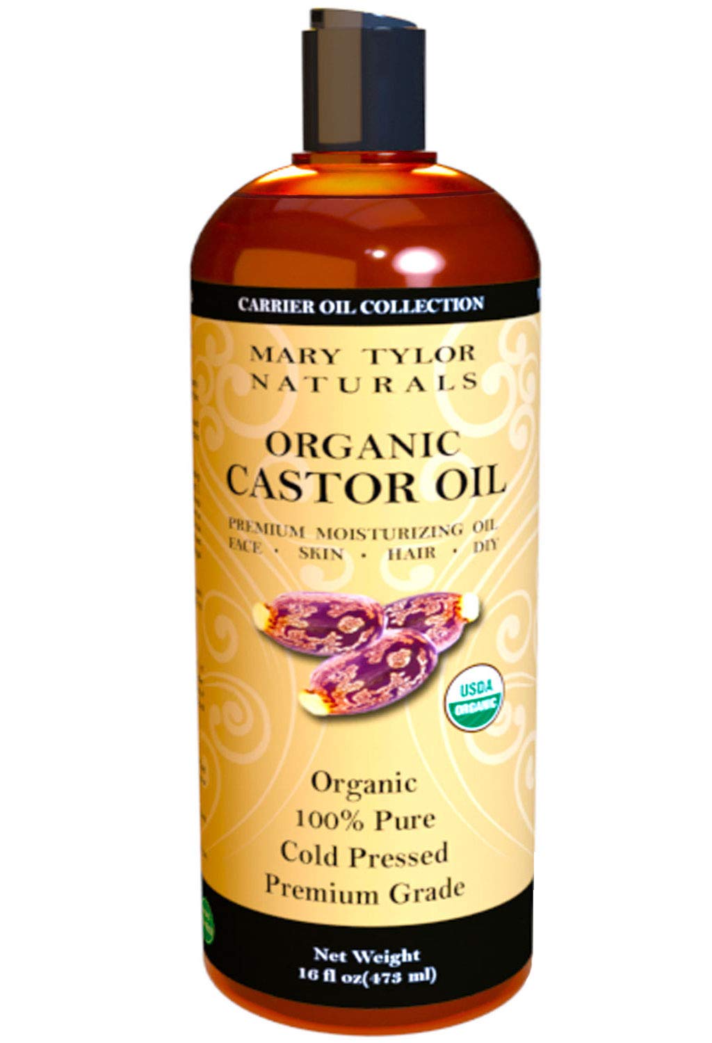 Mary Tylor Naturals Organic Castor Oil 16 oz — USDA Certified Cold Pressed, Hexane Free, 100% Pure and Natural