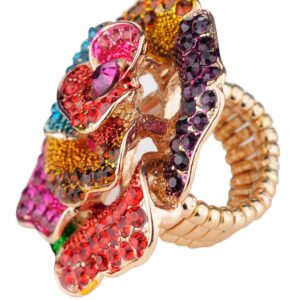 NYFASHION101 Women's Evening Gala Bridal Prom Wedding Stone Stud Rose Petal Fashion Stretch Ring, Multi/Gold-Tone