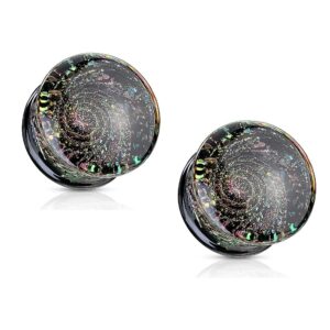 pierced owl multicolor aurora borealis sparkle swirl galaxy double flared glass plugs, sold as a pair (10mm (00ga))