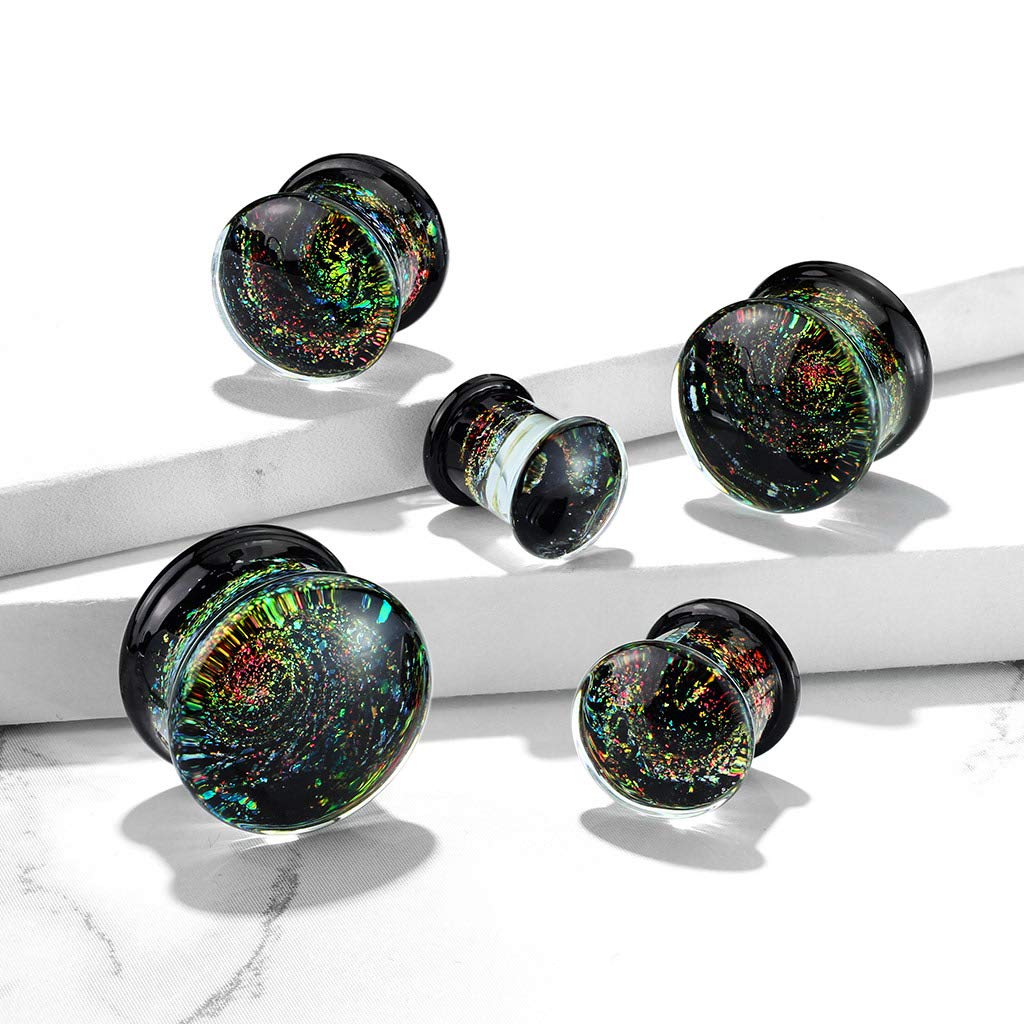 Pierced Owl Multicolor Aurora Borealis Sparkle Swirl Galaxy Double Flared Glass Plugs, Sold as a Pair (10mm (00GA))