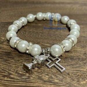 First Holy Communion Favor (12 PCS) White Pearl Bracelet Silver Metal Chalice Cross Charms in Organza Gift Bags with Flowers and Ribbons/Recuerdos para Primera Comunion Niña Niño