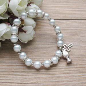 First Holy Communion Favor (12 PCS) White Pearl Bracelet Silver Metal Chalice Cross Charms in Organza Gift Bags with Flowers and Ribbons/Recuerdos para Primera Comunion Niña Niño