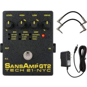 tech 21 sansamp gt2 tube amp emulator pedal bundle with 2 patch cables and power supply