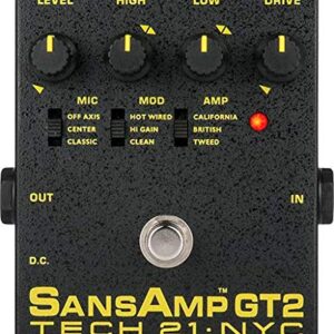 Tech 21 SansAmp GT2 Tube Amp Emulator Pedal Bundle with 2 Patch Cables and Power Supply