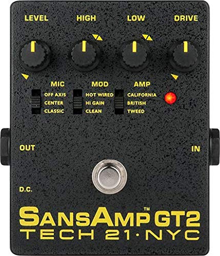 Tech 21 SansAmp GT2 Tube Amp Emulator Pedal Bundle with 2 Patch Cables and Power Supply