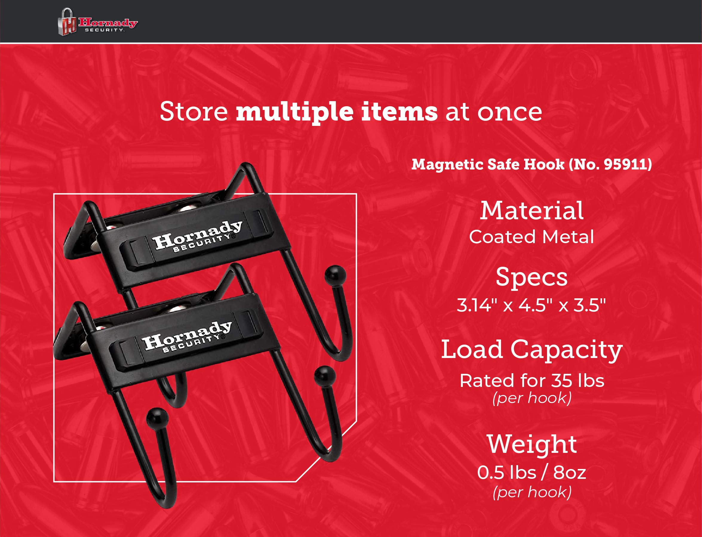 Hornady Magnetic Safe Hooks 95911, 2 Pack - Two-Pronged Hook with Non-Scratch Coating and Heavy Duty Magnets Rated for 35 Pounds Securely Organize Your Gear, Gun Case, Binoculars, Range Bags, & More