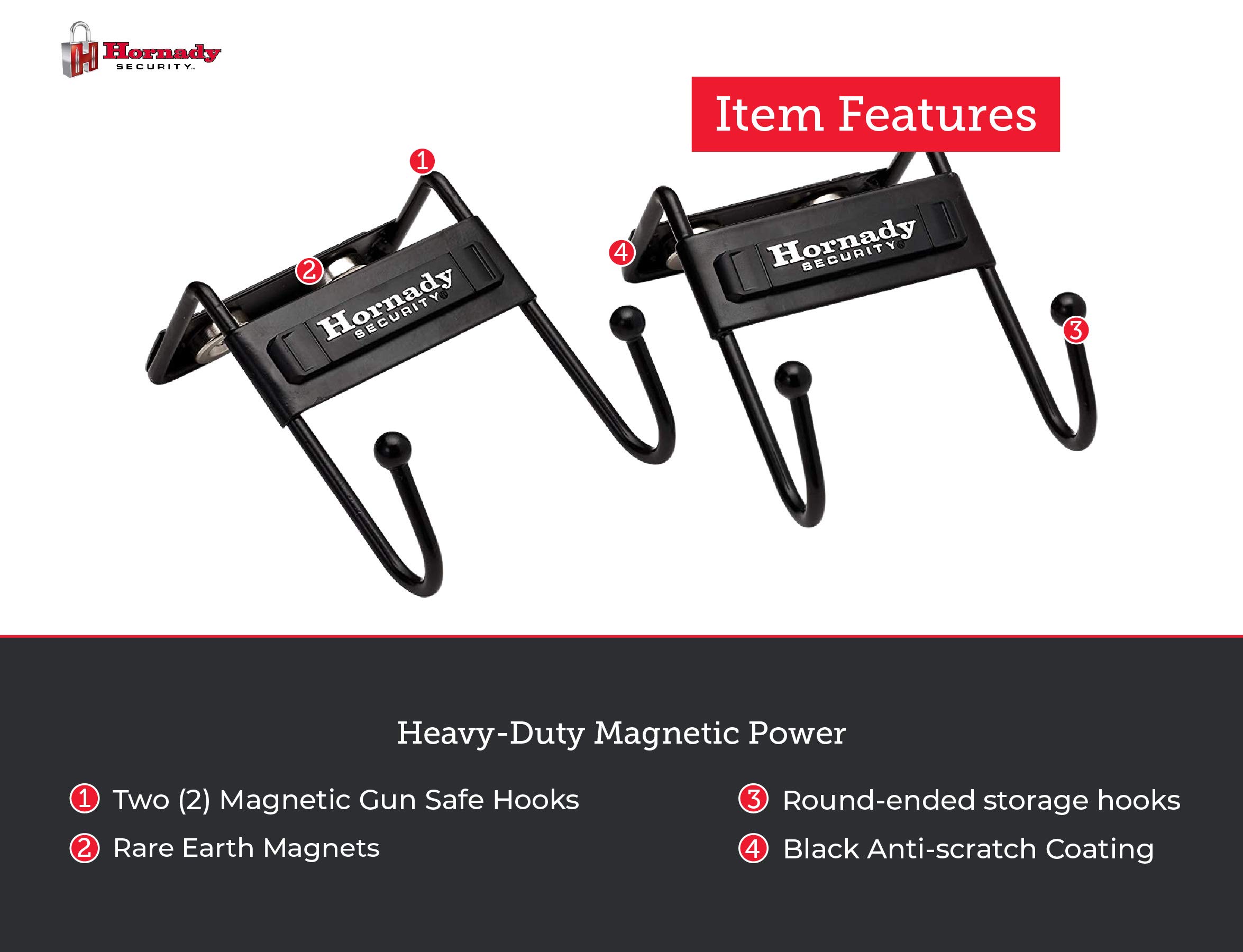 Hornady Magnetic Safe Hooks 95911, 2 Pack - Two-Pronged Hook with Non-Scratch Coating and Heavy Duty Magnets Rated for 35 Pounds Securely Organize Your Gear, Gun Case, Binoculars, Range Bags, & More