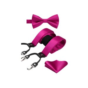 HISDERN Pink Bow Tie and Suspenders for Men Solid Handkerchief 6 Clips Adjustable Y Shape Tuxedo Hot Pink Suspenders & Pocket Square Set Wedding Party Braces