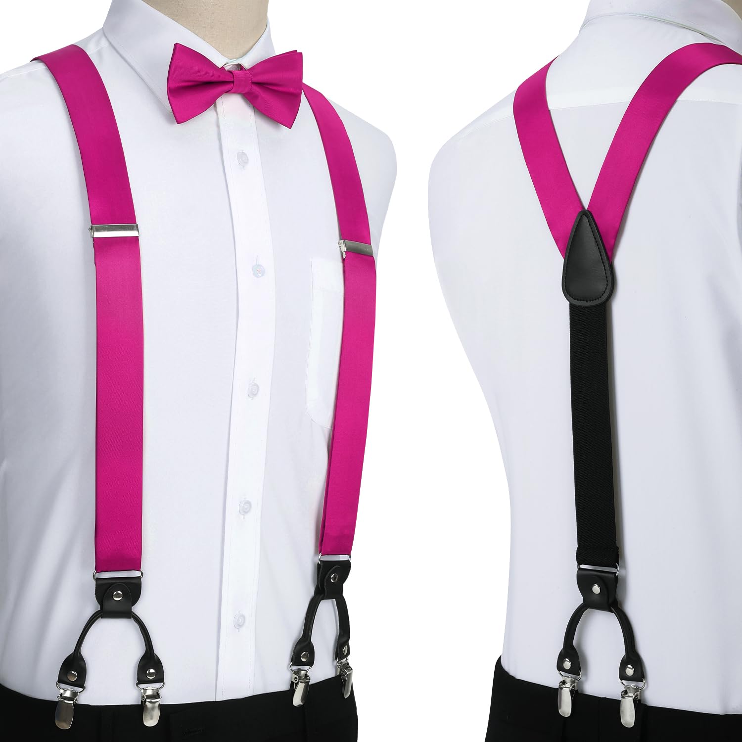 HISDERN Pink Bow Tie and Suspenders for Men Solid Handkerchief 6 Clips Adjustable Y Shape Tuxedo Hot Pink Suspenders & Pocket Square Set Wedding Party Braces