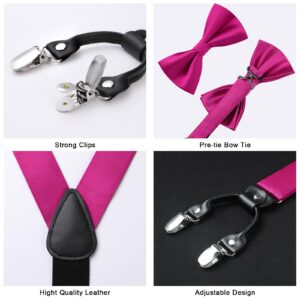 HISDERN Pink Bow Tie and Suspenders for Men Solid Handkerchief 6 Clips Adjustable Y Shape Tuxedo Hot Pink Suspenders & Pocket Square Set Wedding Party Braces