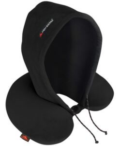 high sierra, hooded travel pillow, blocks cold drafts, use also as light blocker, pure soft memory foam, provides exceptional neck support, one snap closure, black