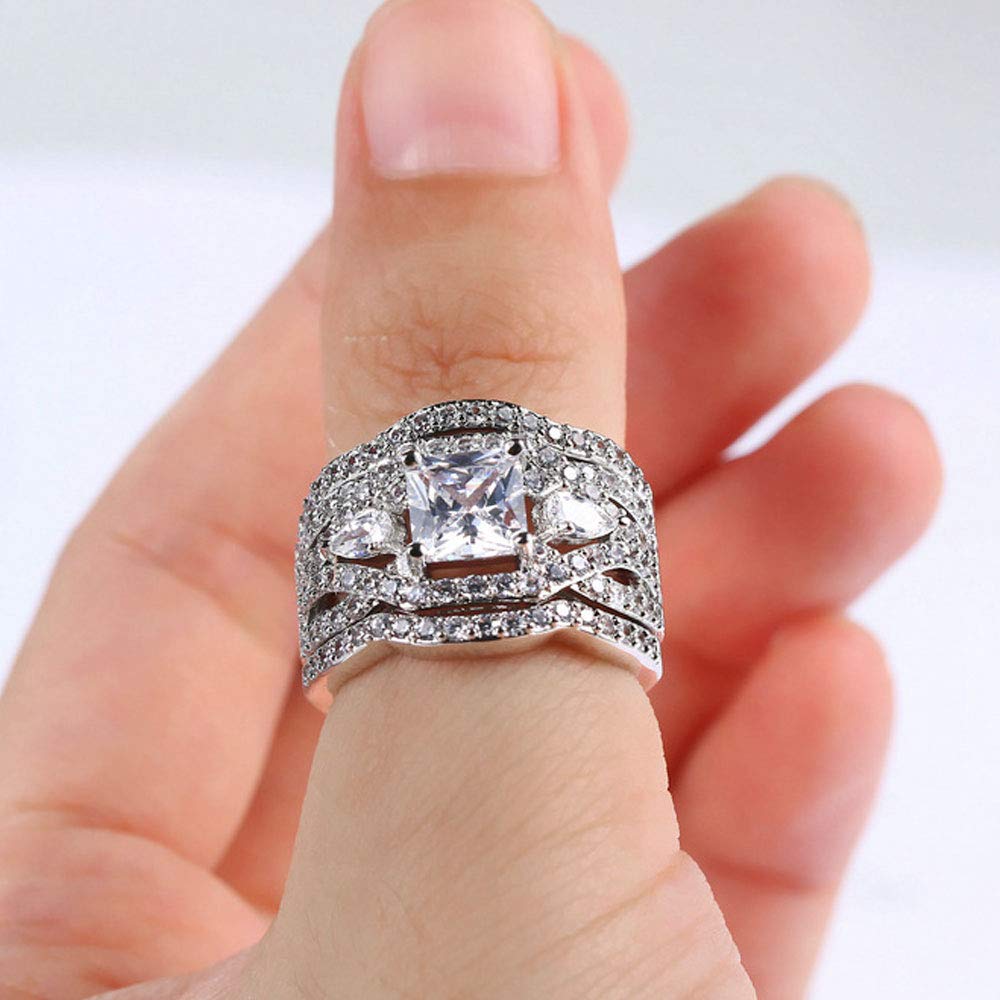 AONEW Women Engagement Wedding Ring Set White Gold 3pcs Princess White Cz Size 5-12 Size 9