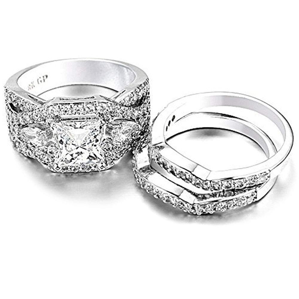 AONEW Women Engagement Wedding Ring Set White Gold 3pcs Princess White Cz Size 5-12 Size 9