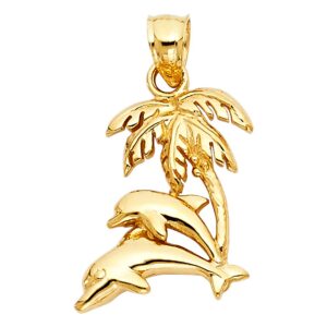 fb jewels 14k yellow gold dolphin w palm tree pendant 20mm x 17mm