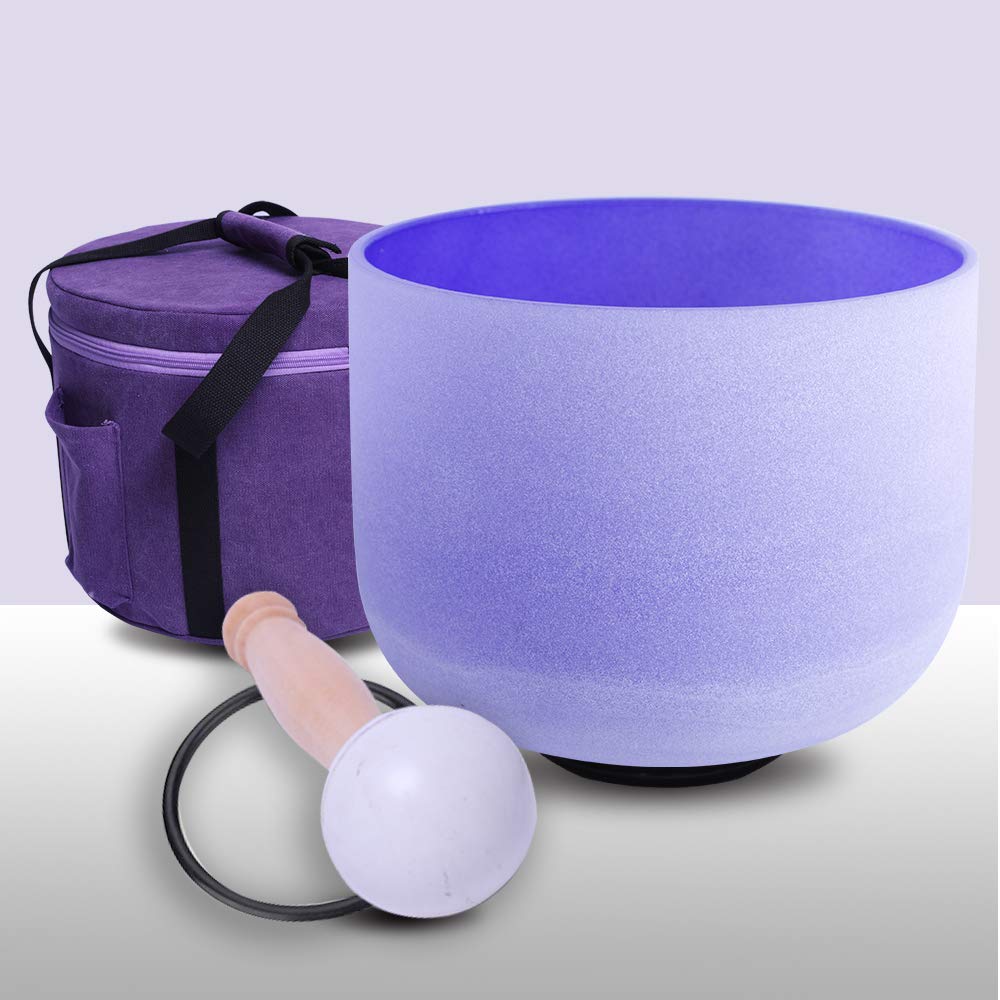 ENERGYSOUND Purple Colored Frosted B Crown Chakra Quartz Crystal Singing Bowl 8 inch with heavy duty case bag mallet &O-ring included