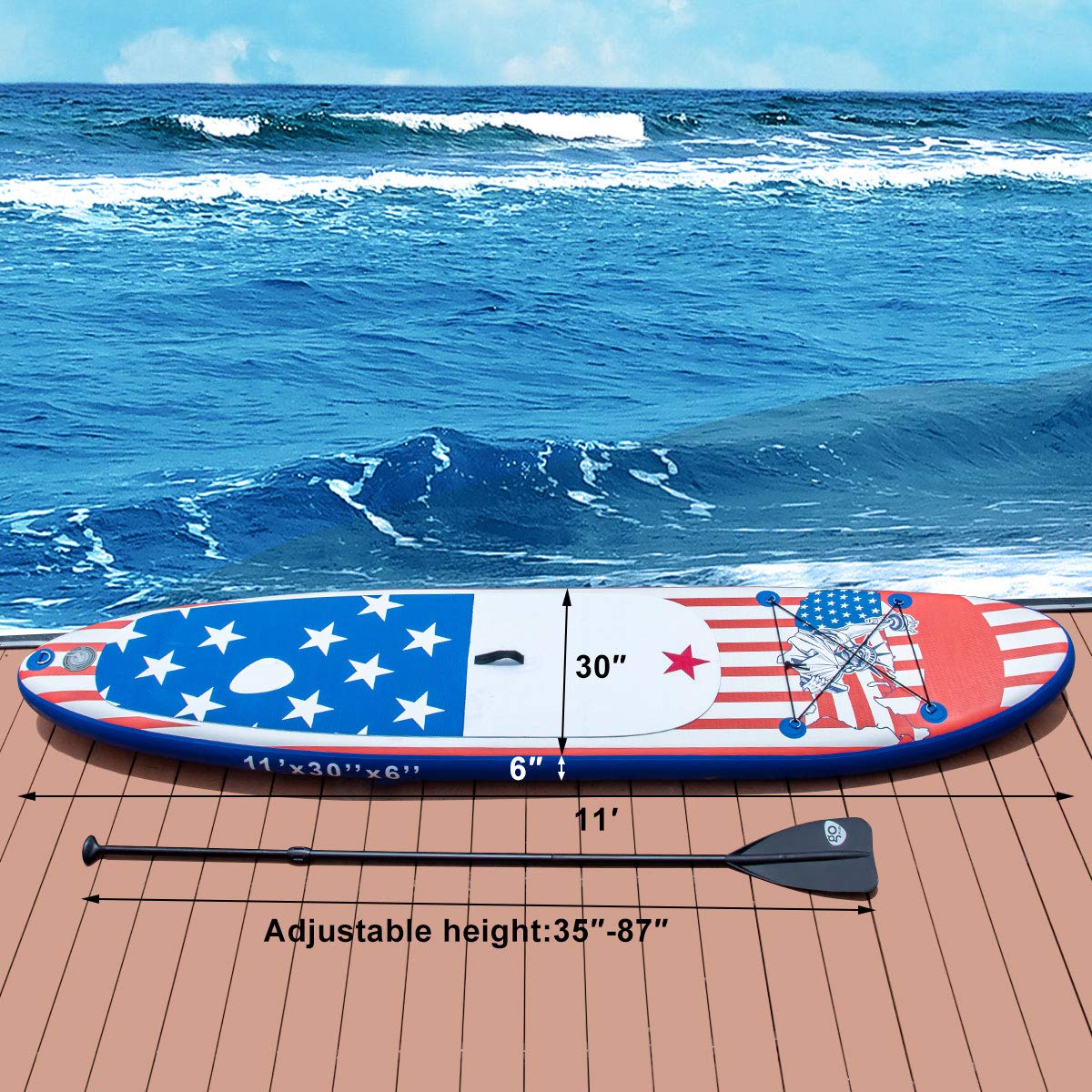 GYMAX Stand Up Paddle Board, Inflatable SUP with Wide Non-Slip EVA Deck, Accessories-Leash, D Rings, Hand Pump, Adjustable Paddle & Backpack, Paddle Boards for Adults Youth (Stars & Stripes Style C)