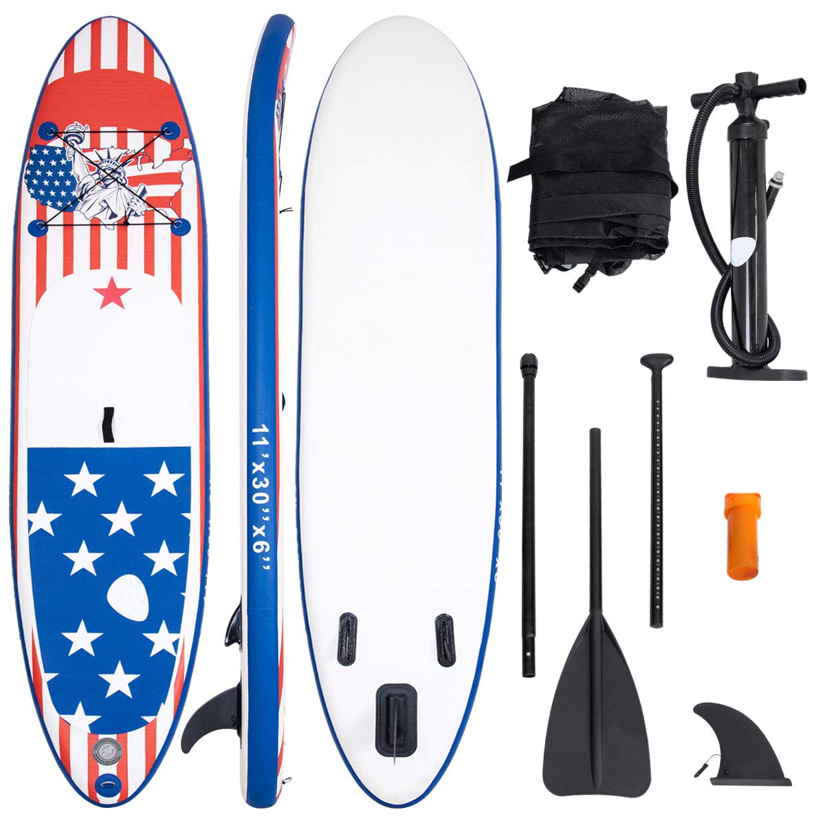 GYMAX Stand Up Paddle Board, Inflatable SUP with Wide Non-Slip EVA Deck, Accessories-Leash, D Rings, Hand Pump, Adjustable Paddle & Backpack, Paddle Boards for Adults Youth (Stars & Stripes Style C)