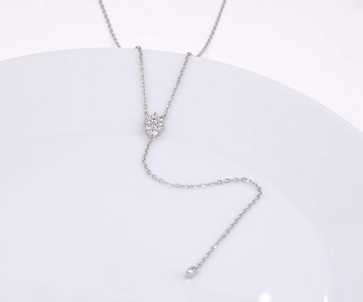 Dainty Sterling Silver Necklace Small Waterdrop Lariat Necklace Y-Shaped Platinum Plating