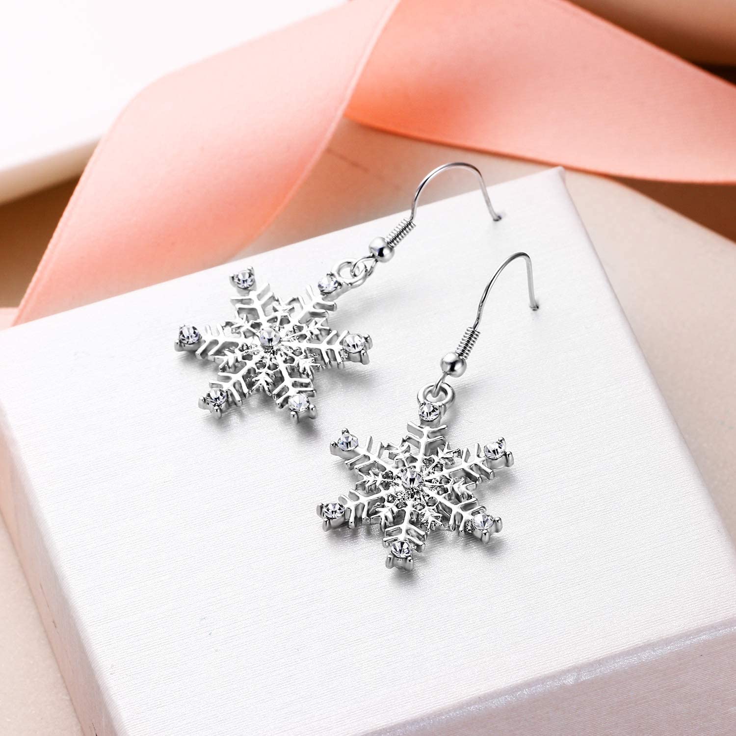 EVER FAITH Women's Austrian Crystal Winter Party Snowflake Pierced Hook Dangle Earrings Clear Silver-Tone