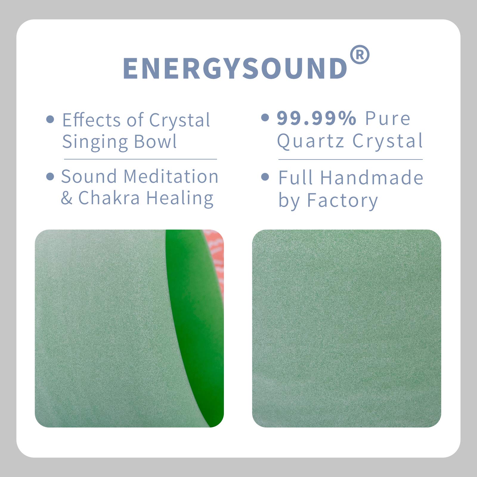 ENERGYSOUND 432Hz Perfect Pitch F Note Heart Chakra Green Color Frosted Quartz Crystal Singing Bowl 8 inch+ carrier bag mallet and o-ring included