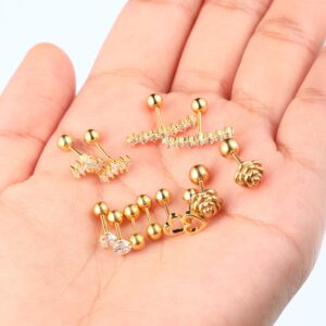 6 Pairs Stainless Steel Tragus Cartilage Earrings Labret Studs Barbell Lip Nose Body Stud Piercing for Men Women Ornament (Gold)