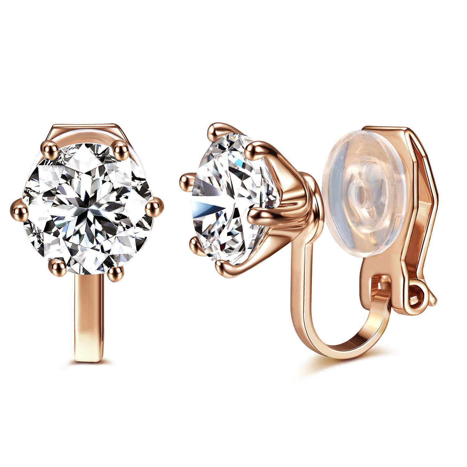 14K Rose Gold Plated 1.5 Carat CZ Clip-On Earrings - 7.5mm Round Cut Simulated diamond Clip-ons