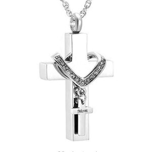 MEMORIALU Cross Mom Urn Necklaces for Ashes Cremation Crucifix Keepsake Memorial Women Stainless Steel Pendant Necklace