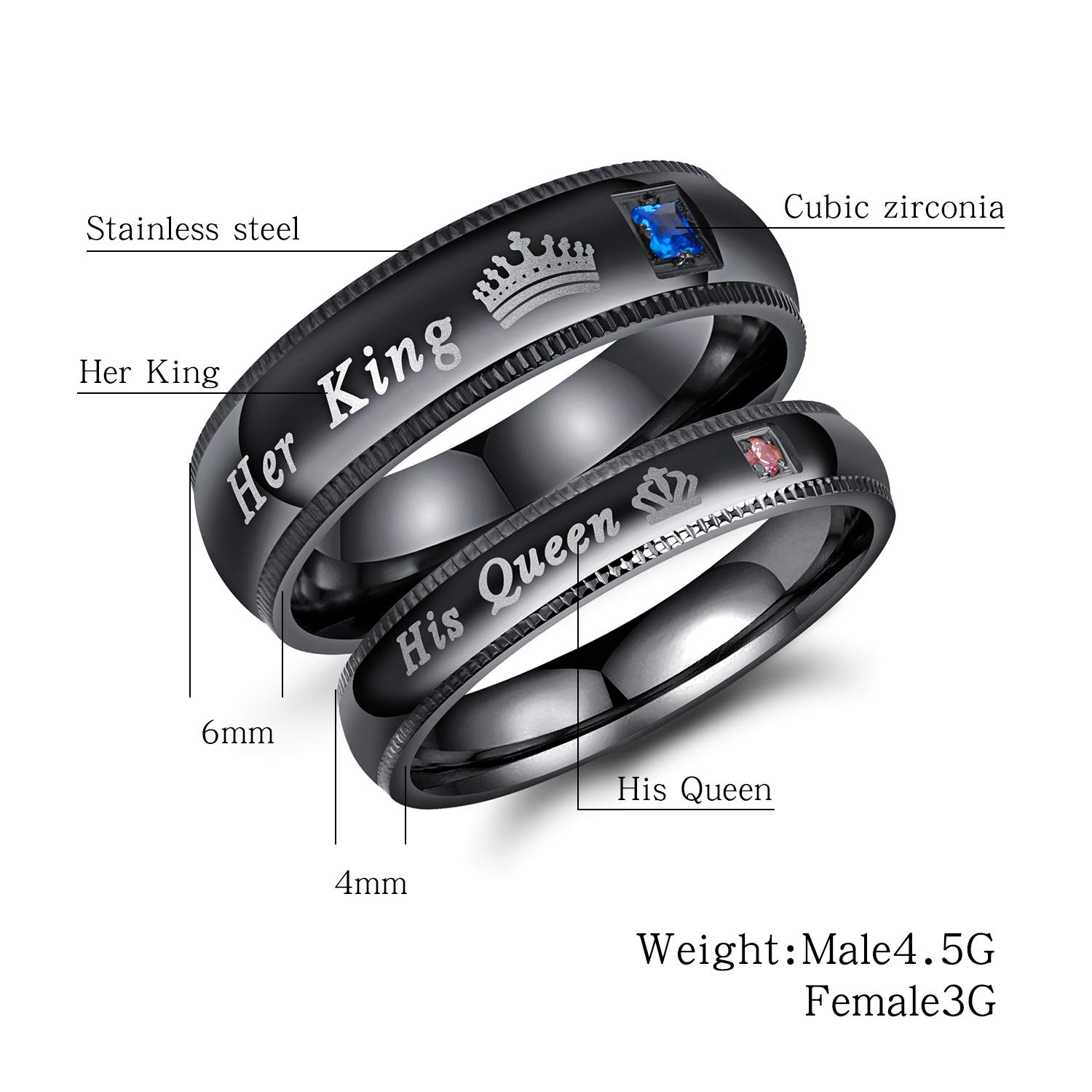 2pcs His Queen Her King Wedding Engagement Band Stainless Steel Black Couple Rings For Him and Her Matching Set