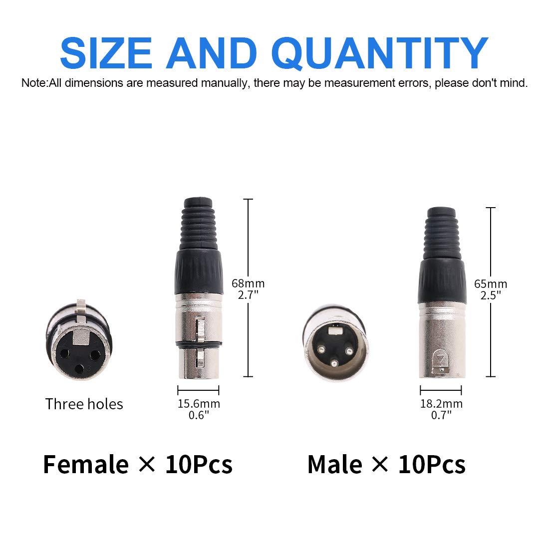 Glarks 20 Pack XLR 3 Pin Male/Female Plugs Audio Mic Microphone Cable Plug Connector Audio Socket, Black Sliver Housing