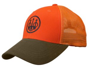 beretta men's tobacco/blaze orange upland mesh back hunting trucker hat with waxed cotton bill and velcro closure, one size